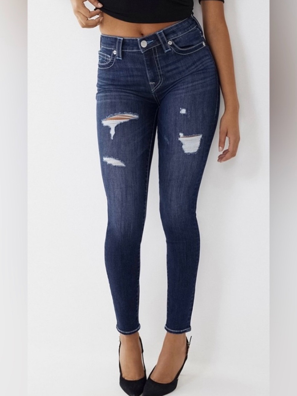 True Religion Halle Jeans, Distressed Dark Blue Wash, Size 27